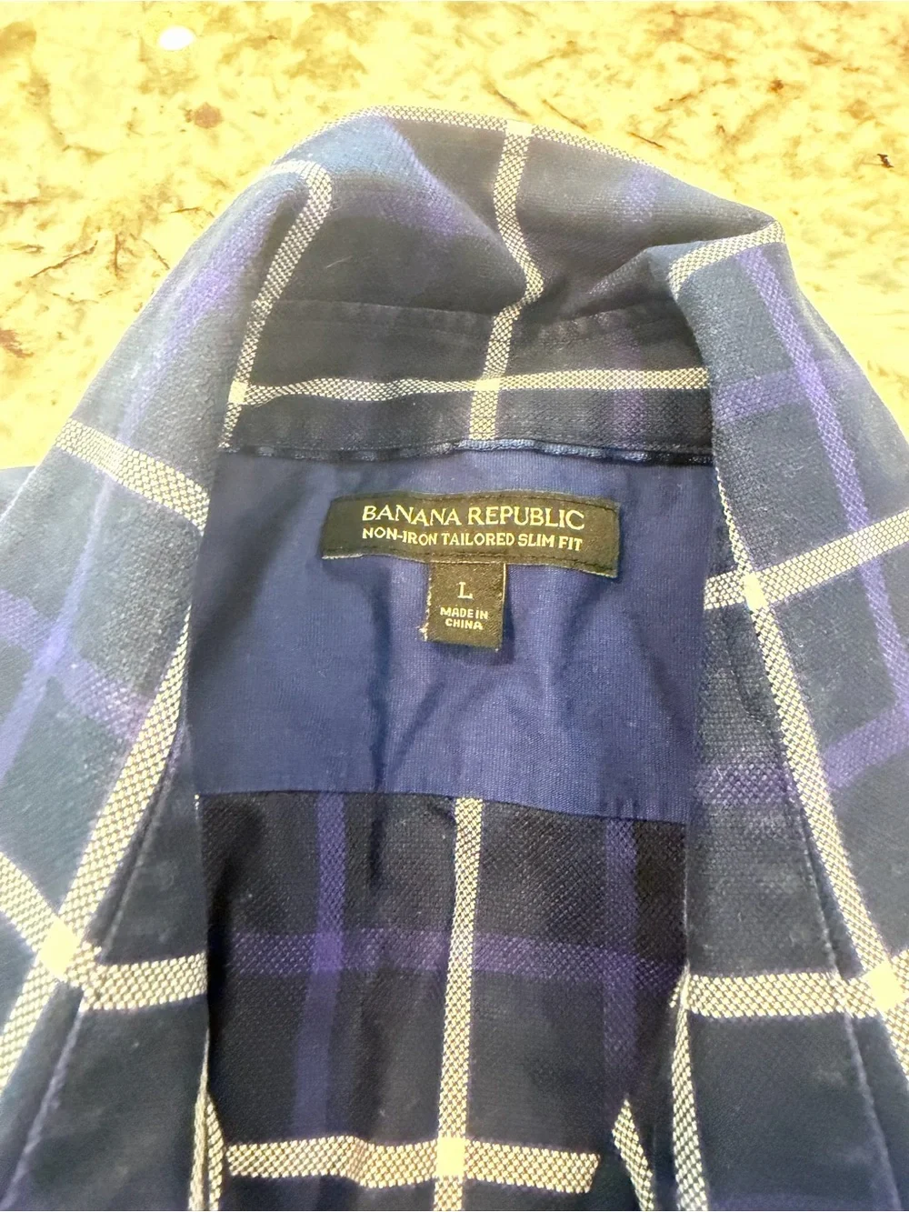 Banana Republic Non-Iron Tailored Slim Fit Plaid Shirt Navy White Men's L
